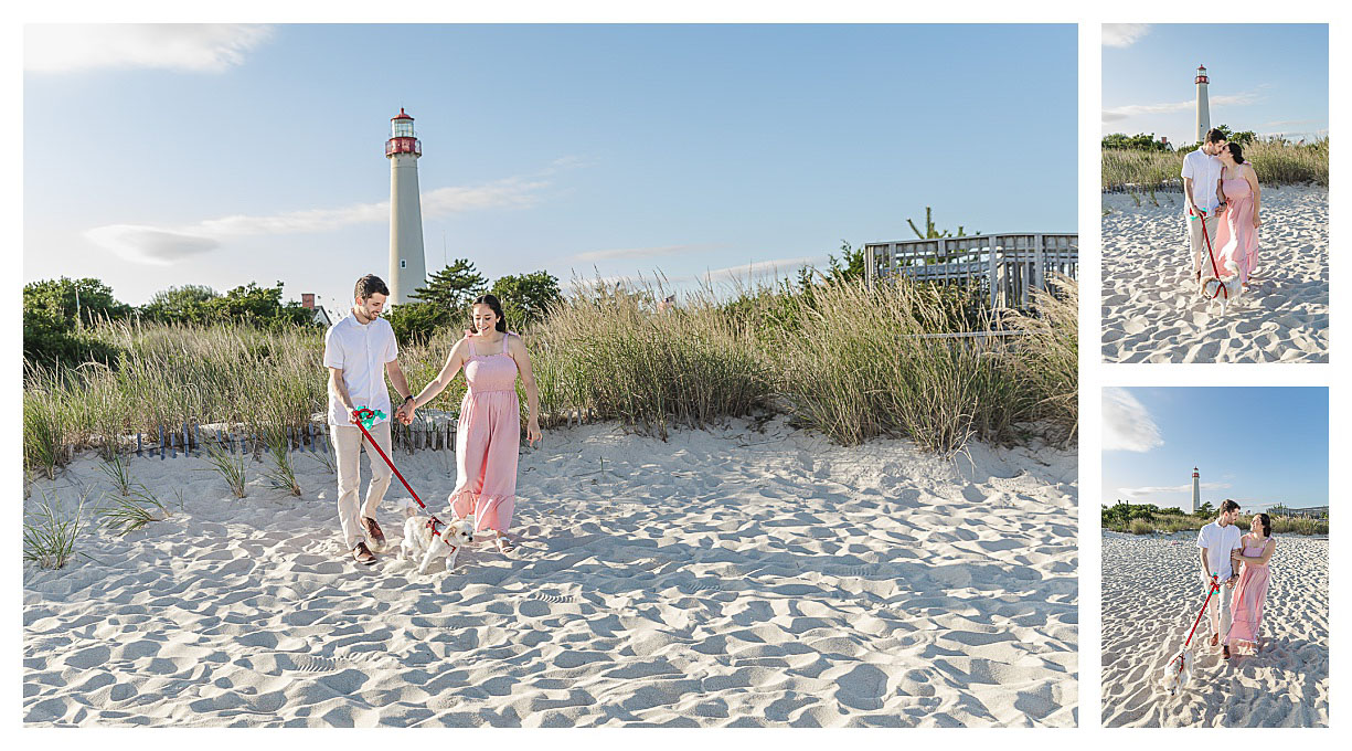 couple walking with their dog on the beach in cape may