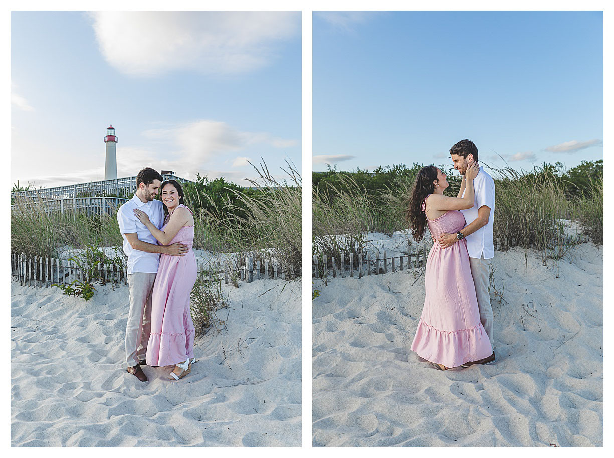 engaged couple standing on beach in cape may