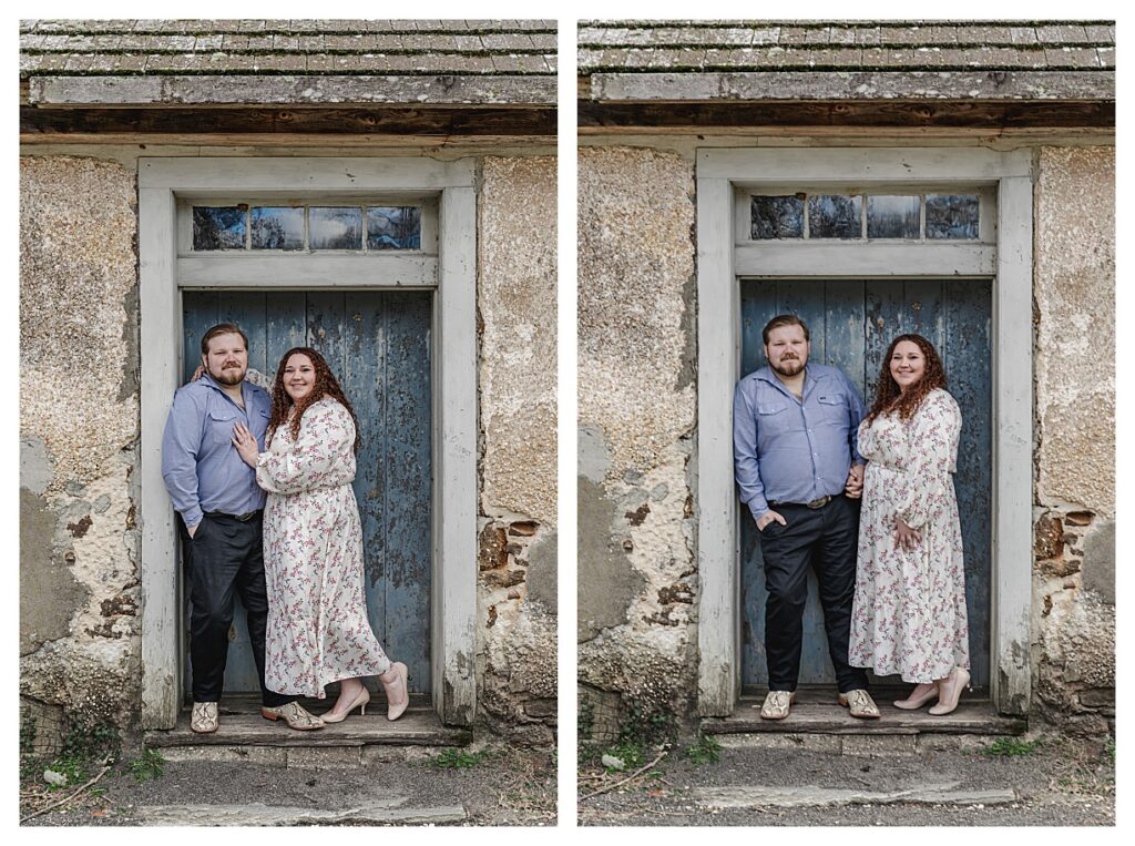 engagement session at batsto village couple standing in front of blue door