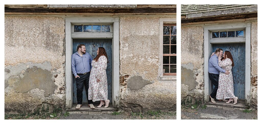 couple getting their photo taking by a blue door