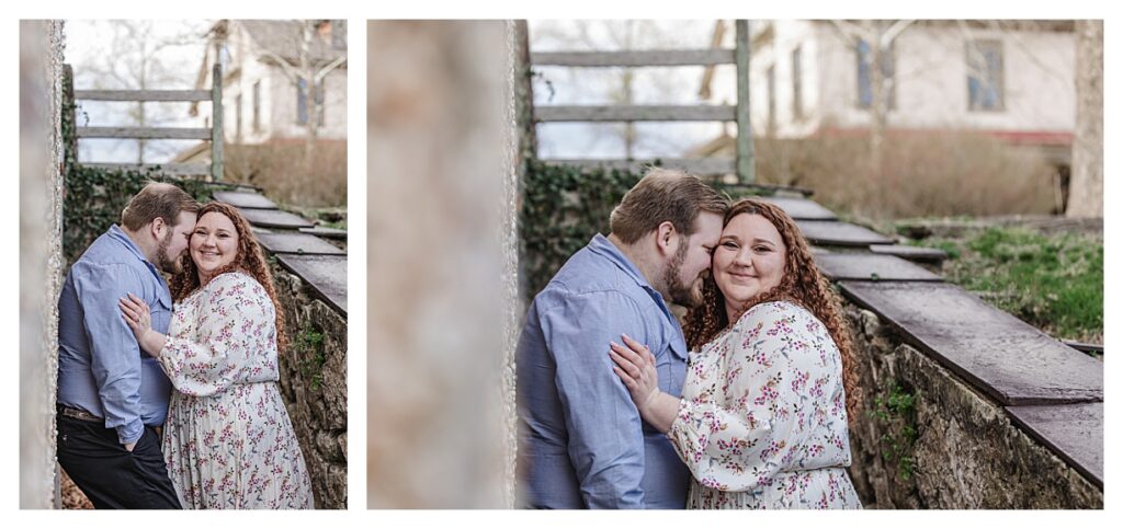 Couple smiling at camera while getting their photo taken at batsto historic villagge