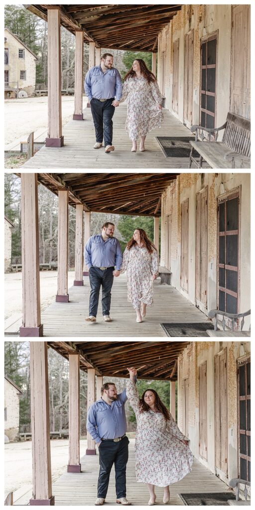 couple walking under covered porch batsto engagement session