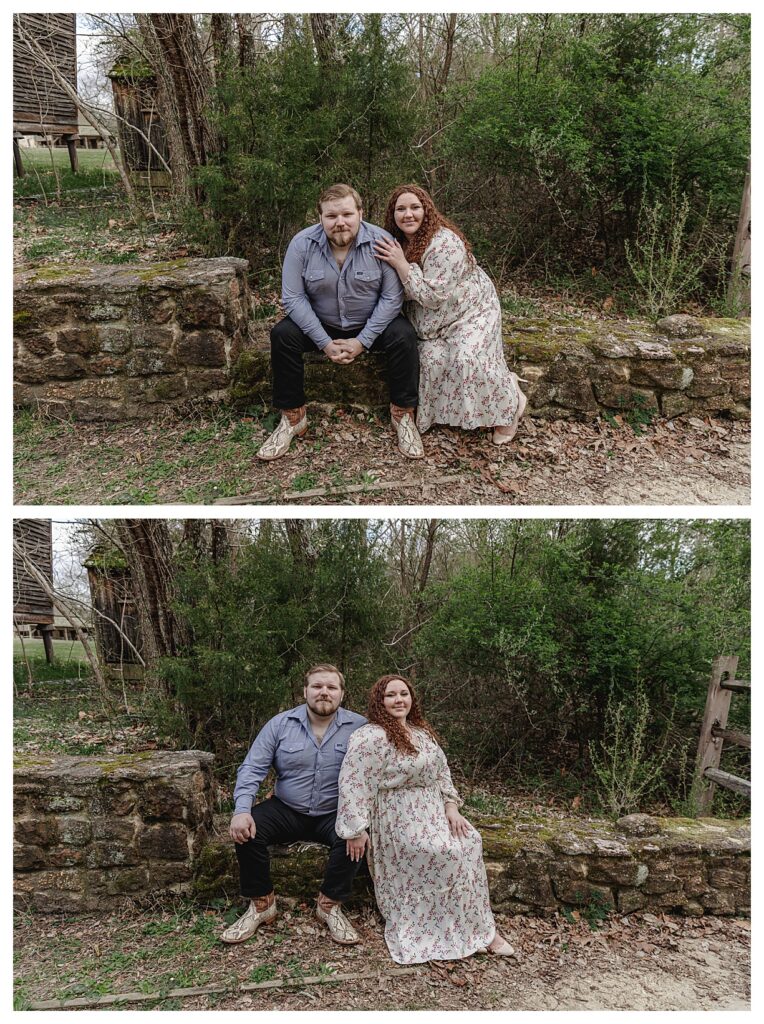 couple sitting on a brick ledge hugging engagement session