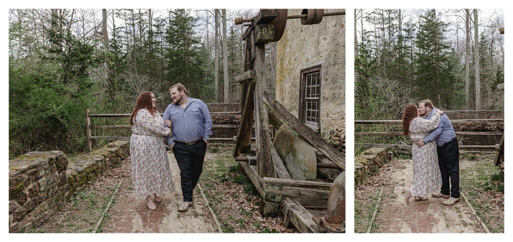 couple walking and twirling at batsto park during an engagement session