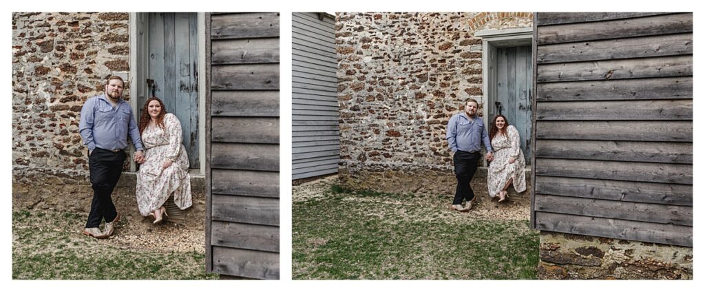 couple by a blue door at batsto during an engagement session