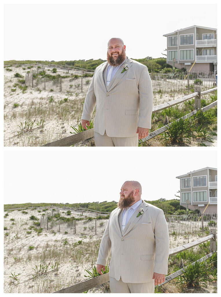 groom standing on beach path in Ocean city nj