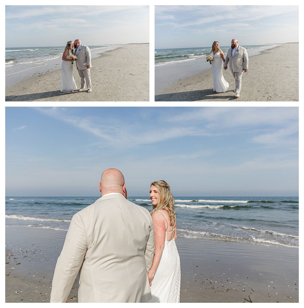 wedding couple on beach walking. ocnj