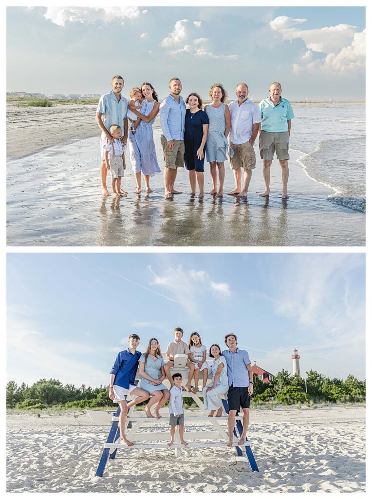 family beach sessions in Cape May. family standing in Ocean and on life gaurd stand in Cape May