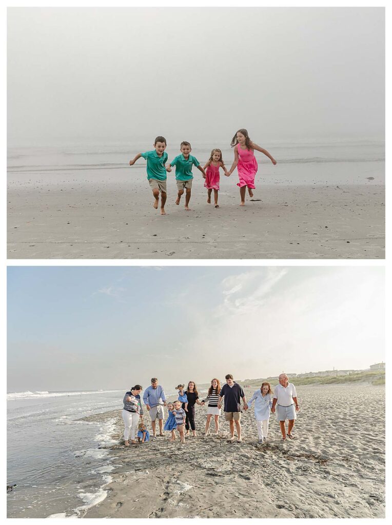 families walking and running on the beach for their south jersey family beach session