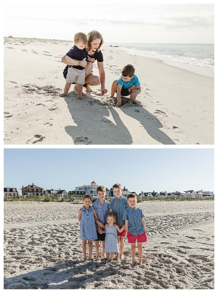 families on the beach in Cape may looking for shells and standing for their beach session.