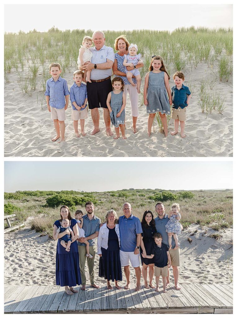 families standing on beach for their family session