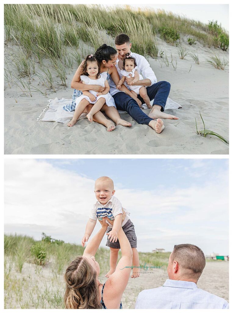 families playing with their kids on the beach for their family beach session