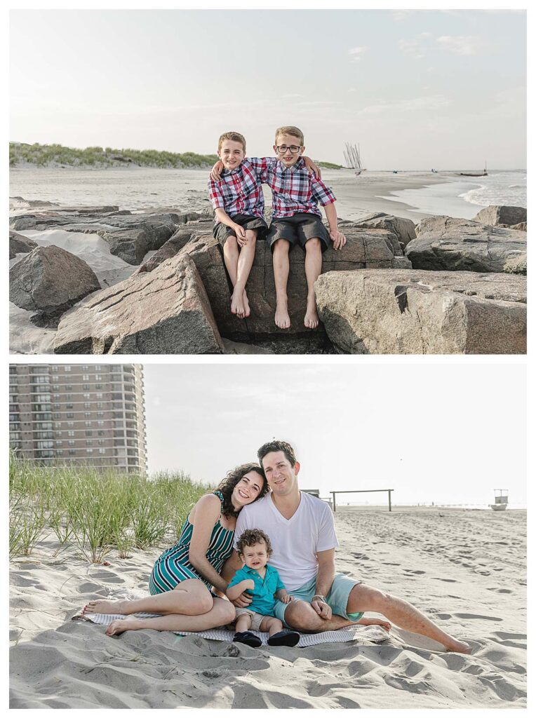 twins sitting on the rocks in ocean city and a family on the beach in ventnor for their beach session