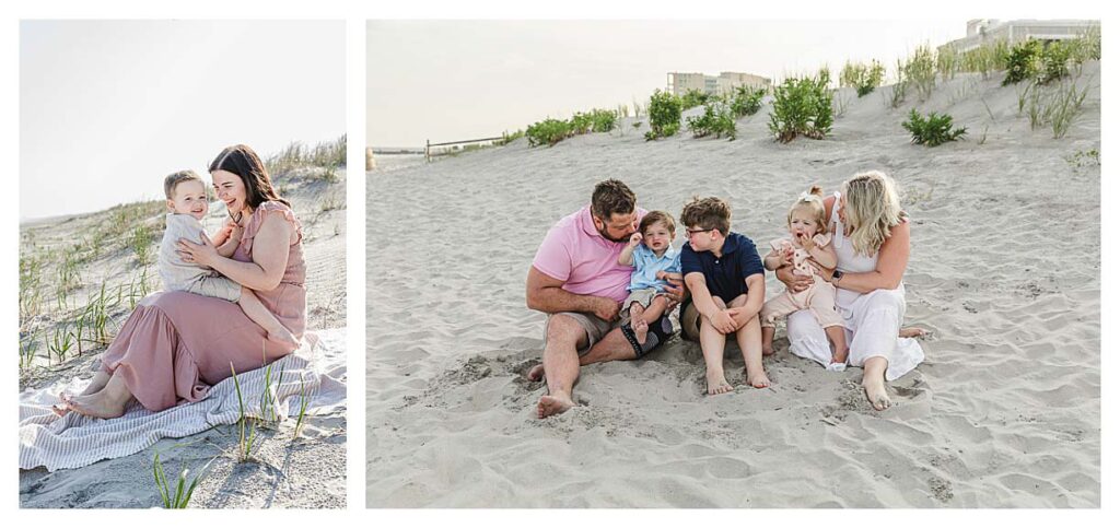 families sitting on the beach in ocean city for their south jersey beach session