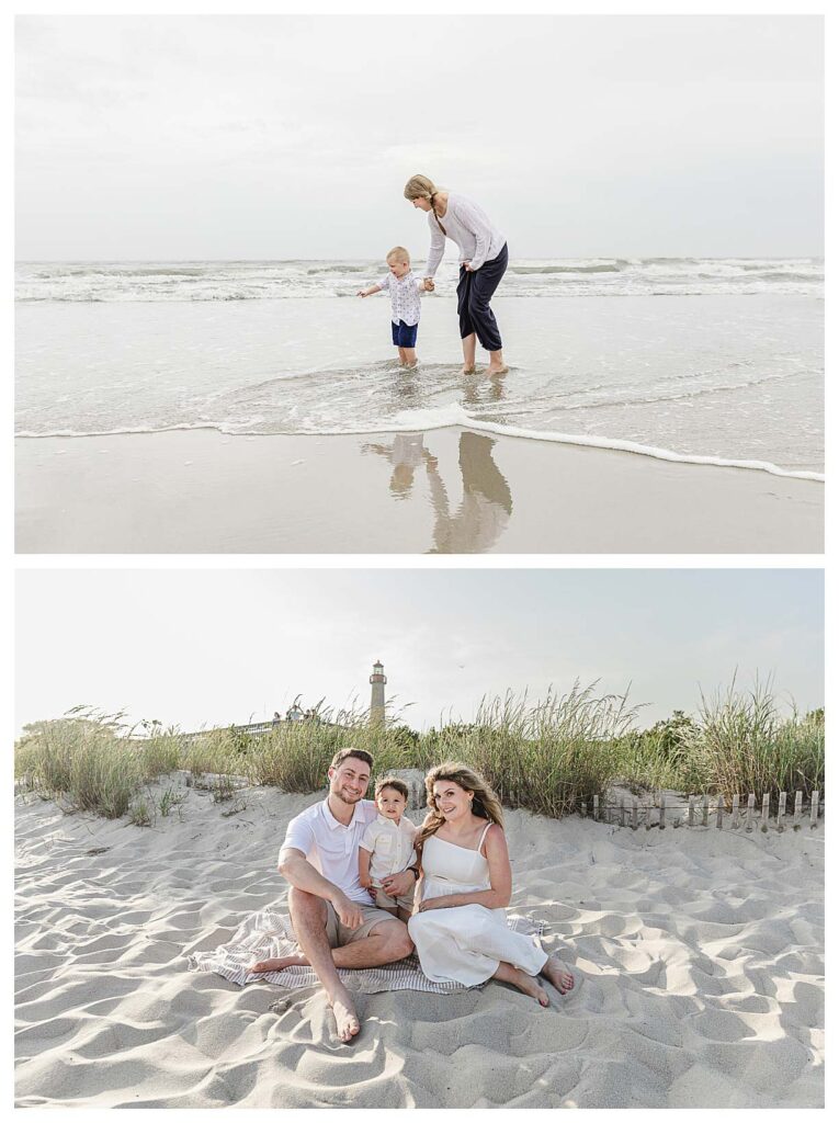 families playing in the ocean and sitting on the beach for their family session