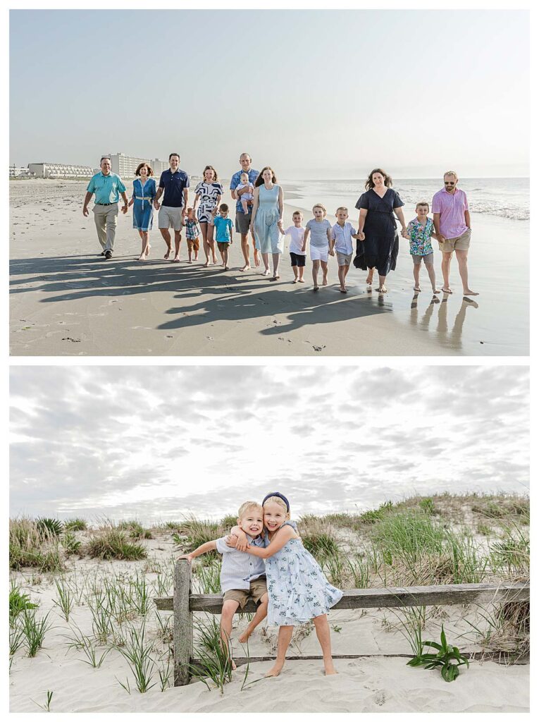 family walking in ocean and two little kids sitting on the fence heading to the beach for their session