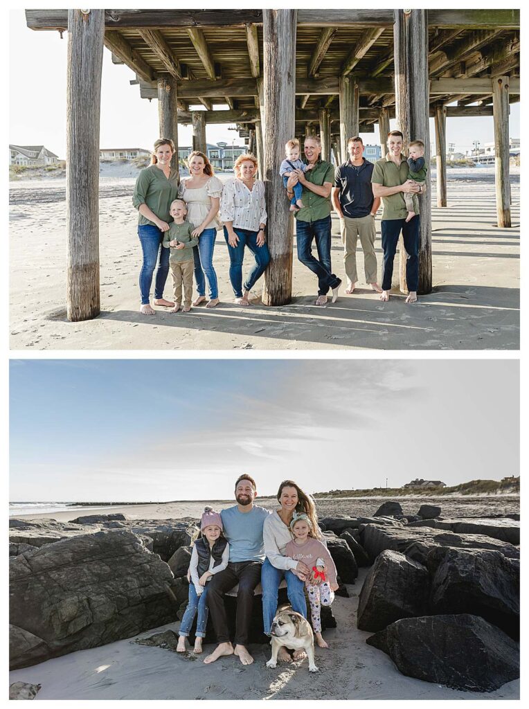 family standing under the pier and another sitting on the rocks in Ocean city nj for their south jersey family beach session