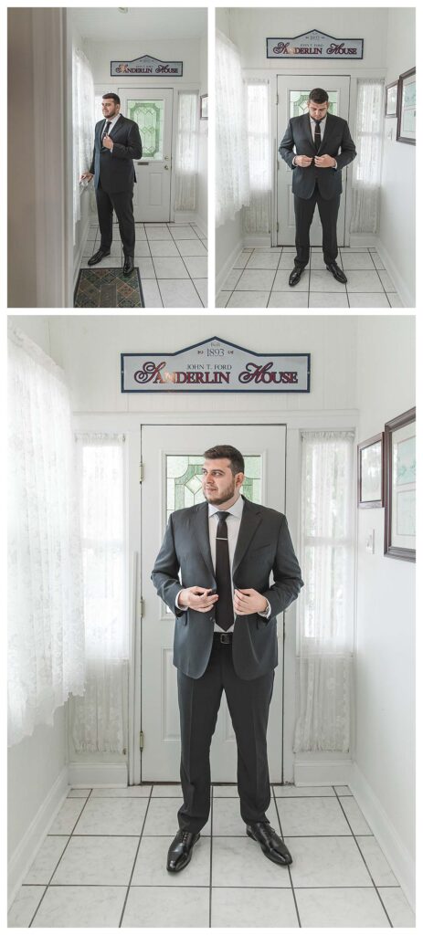 groom getting ready photos in Ocean city nj for a fall coastal beach wedding