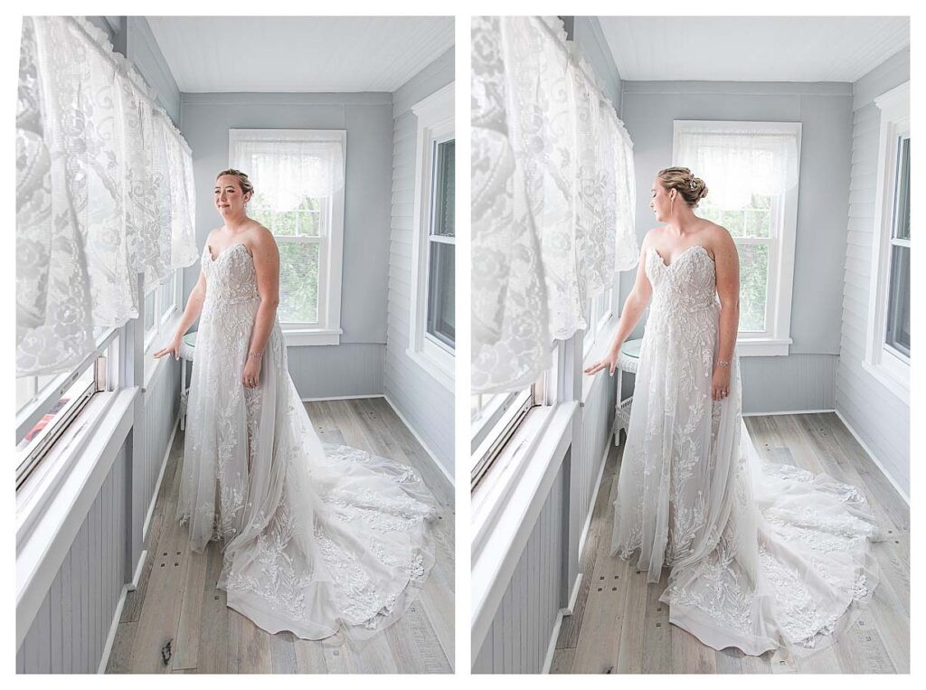 A fall coastal wedding bridal poses at the jersey shore