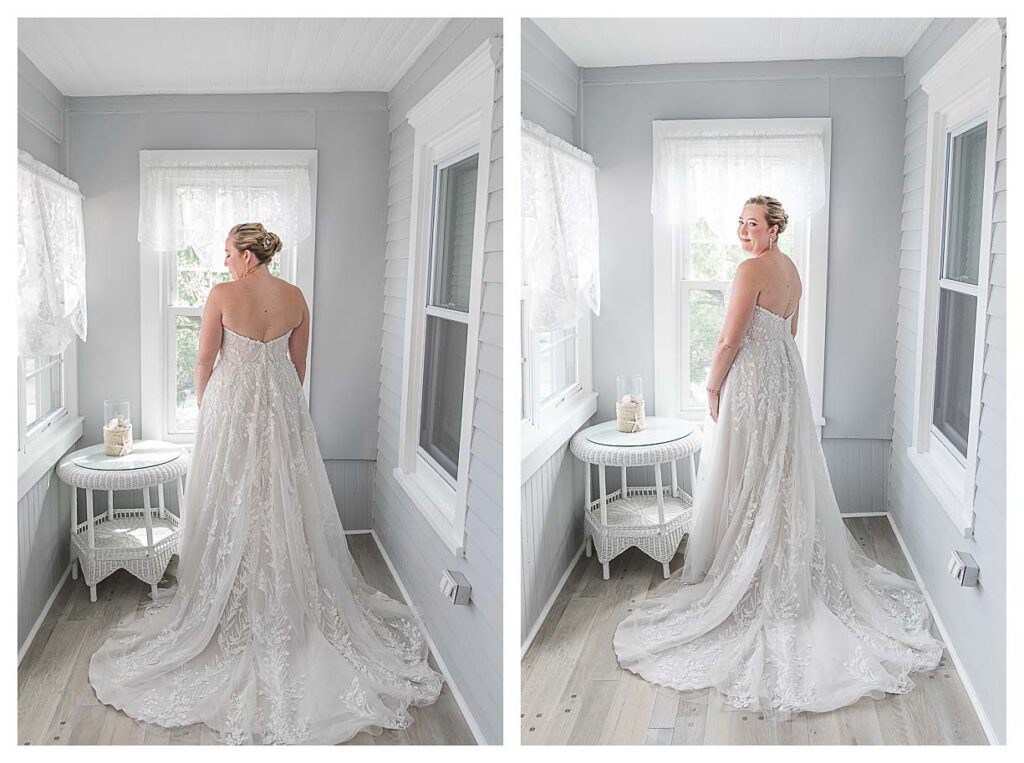 A fall coastal wedding bridal poses at the jersey shore