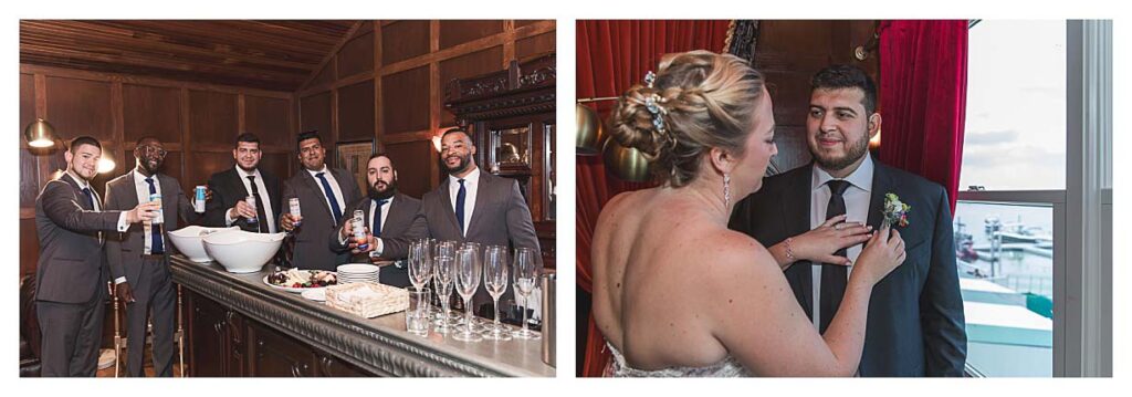 bride and groom in the speak easy at the deauville inn in stratmere, Nj