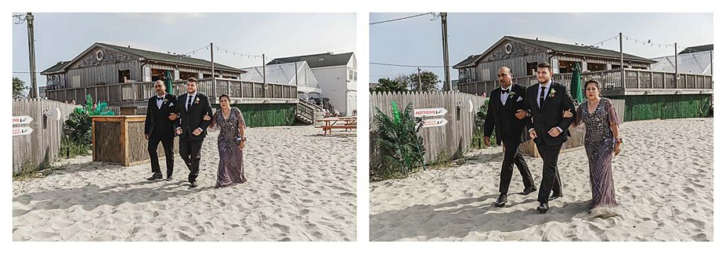 groom walking down the beach aisle for his wedding at the deauville inn